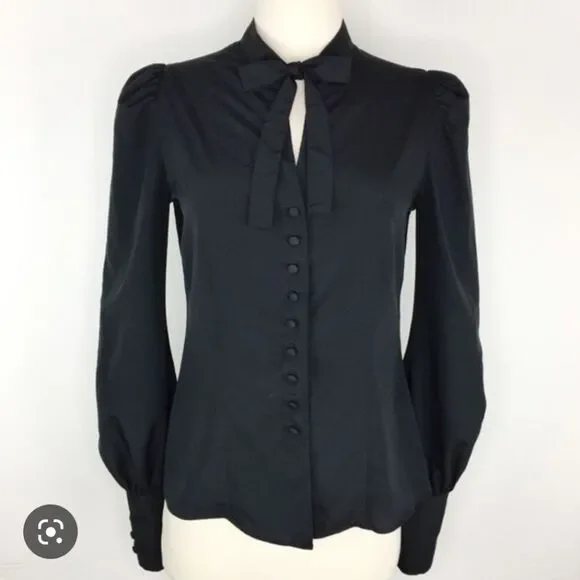 Italy Puff Sleeve Tie Neck Button Blouse - Picture 1 of 8